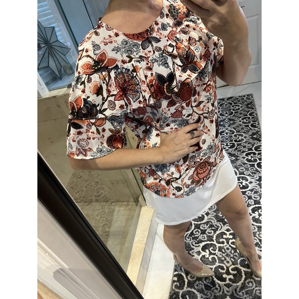Loft Floral Flutter Sleeve Blouse Womens Size Small White Pink Blue Ruffle